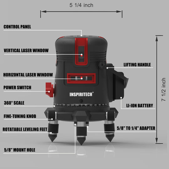 Inspiritech 5 Lines Red Beam Self-Leveling Laser Level with 360° Rotary Base TR-5LR-1