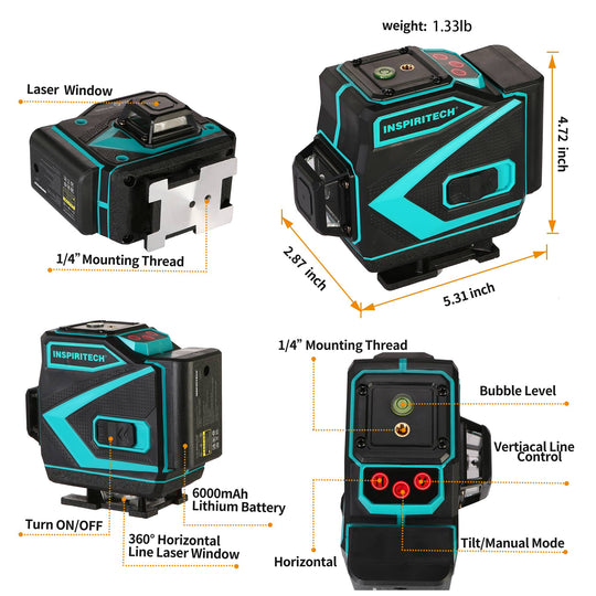 Inspiritech 3x360° Self-leveling Line Laser Level with Remote Control TDY01GS