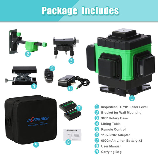 Inspiritech 3x360° Self-Leveling Line Laser Level With Remote Control TDY01