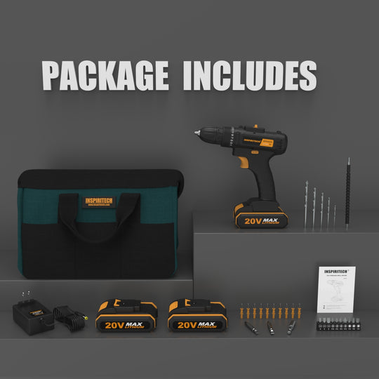 INSPIRITECH 21V Cordless Drill with 2 Batteries and Charger,3/8