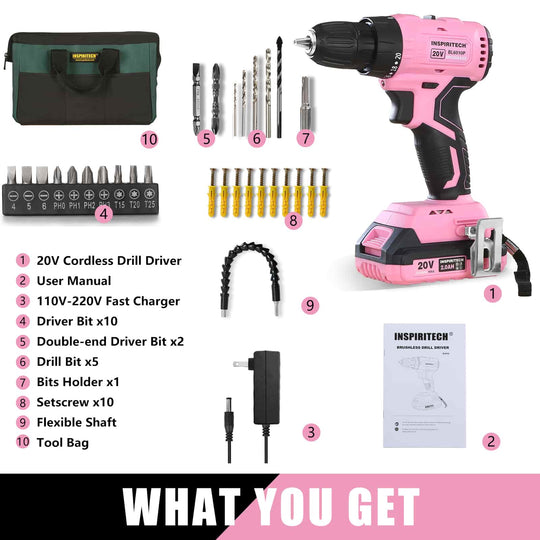 Inspiritech 20V Max Brushless Cordless Pink Power Drill Set BL6010P