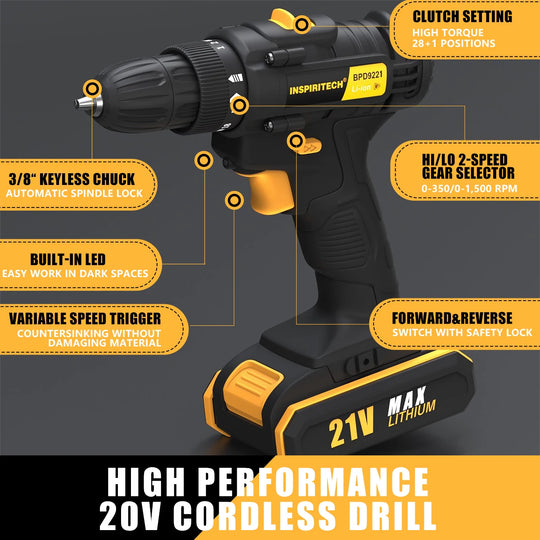Inspiritech 21V Cordless Drill Driver With 2 Batteries BPD9221